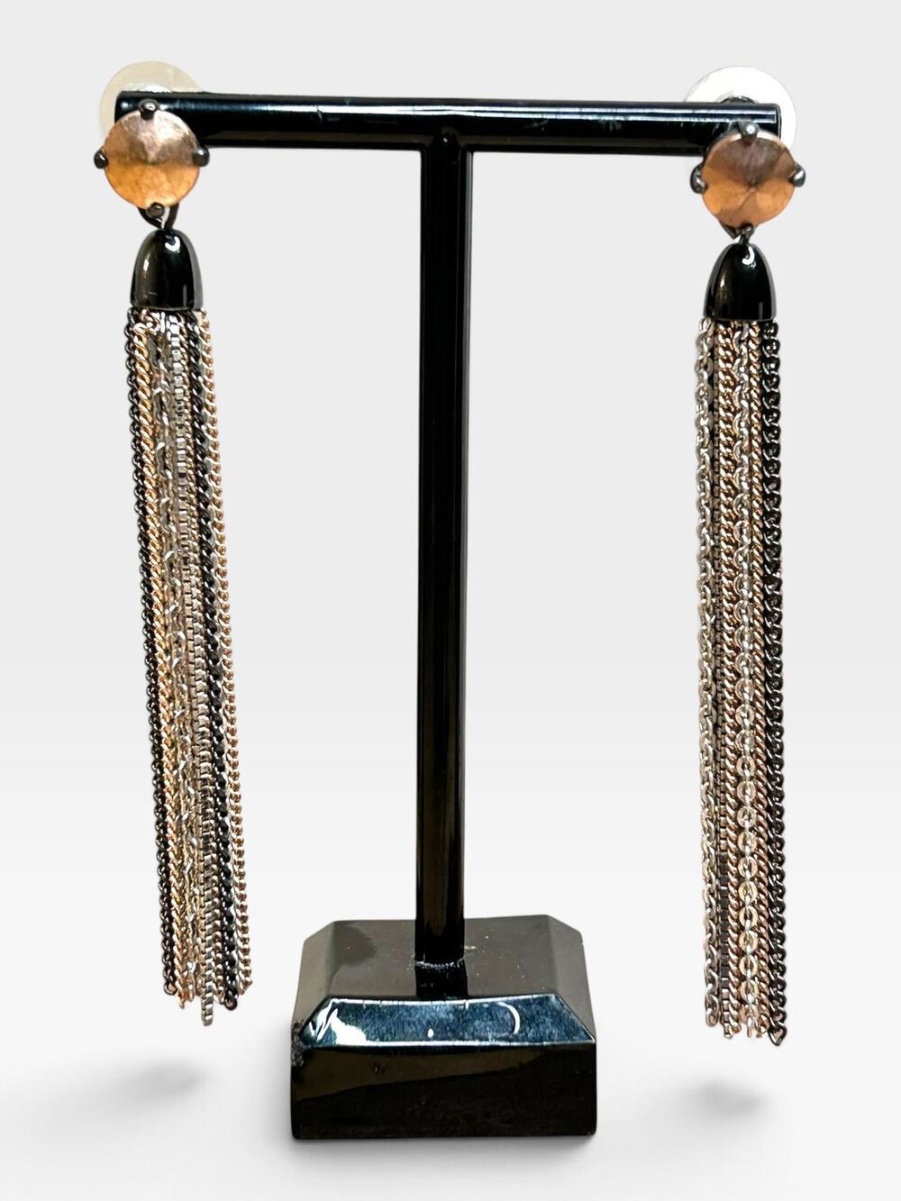 Stella & Dot Mixed Metal Fringe Tassel Earrings Black Gold Silver Tones
